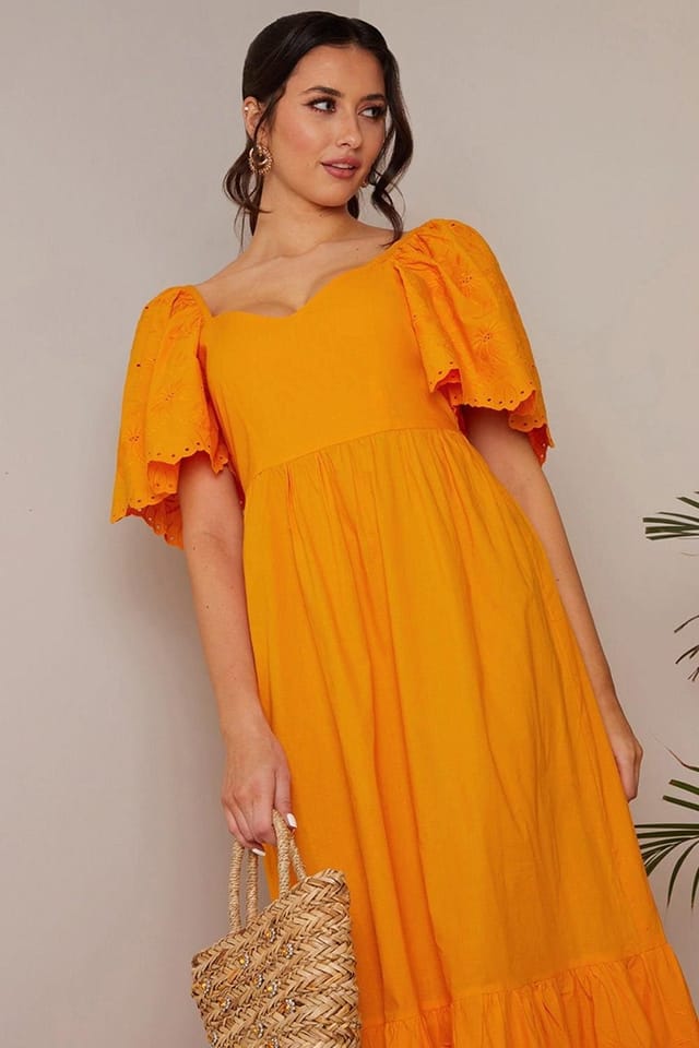 chi chi london Chi Chi London Women's Broderie Anglaise Sleeve Poplin Maxi Dress in Orange - 3