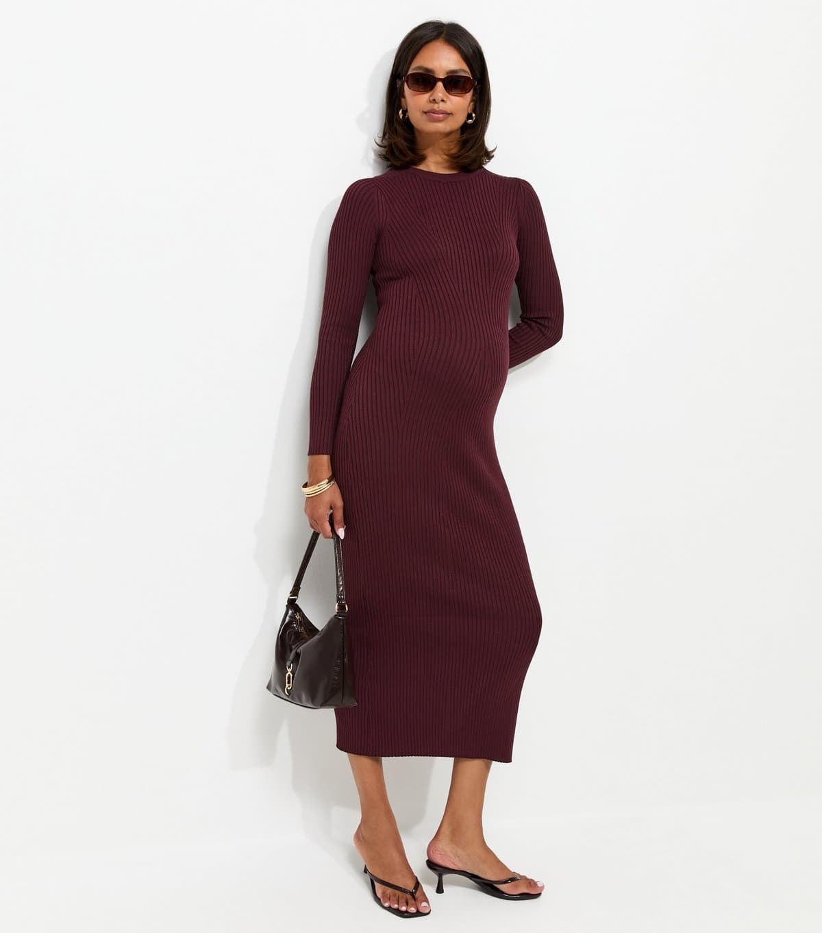 New Look Women's Maternity Dark Burgundy Lightweight Ribbed Knit Midi Dress New Look
