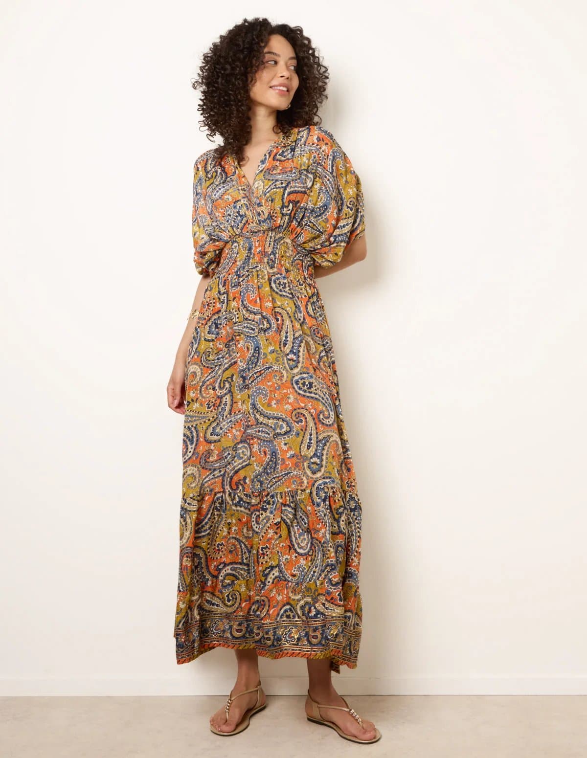 Blue Vanilla Gathered Sleeve V-Neck Maxi Dress
