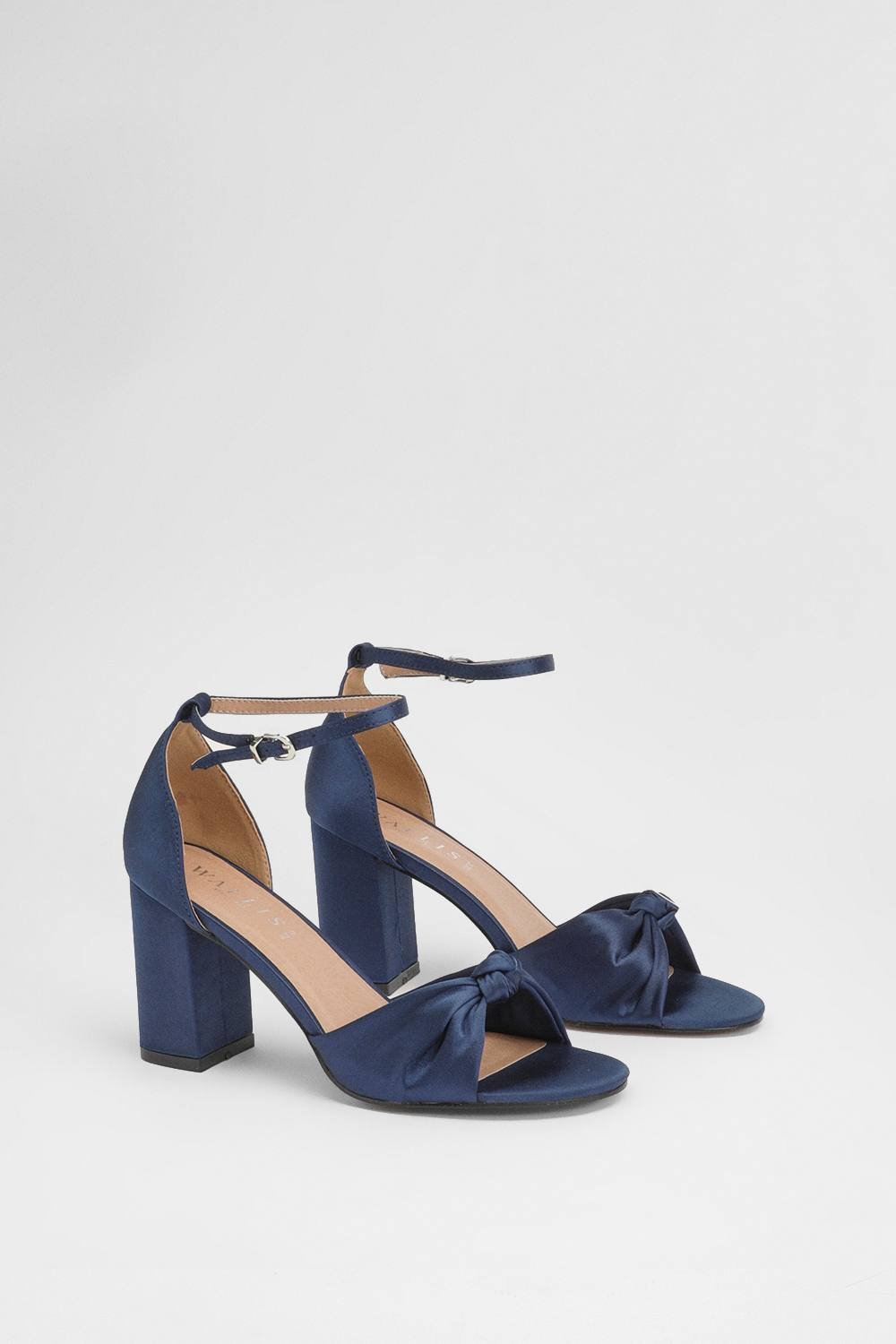 Wallis Wallis Women's Wide Fit Carmen Satin Knot Front High Block Heel Sandals in Navy - 4