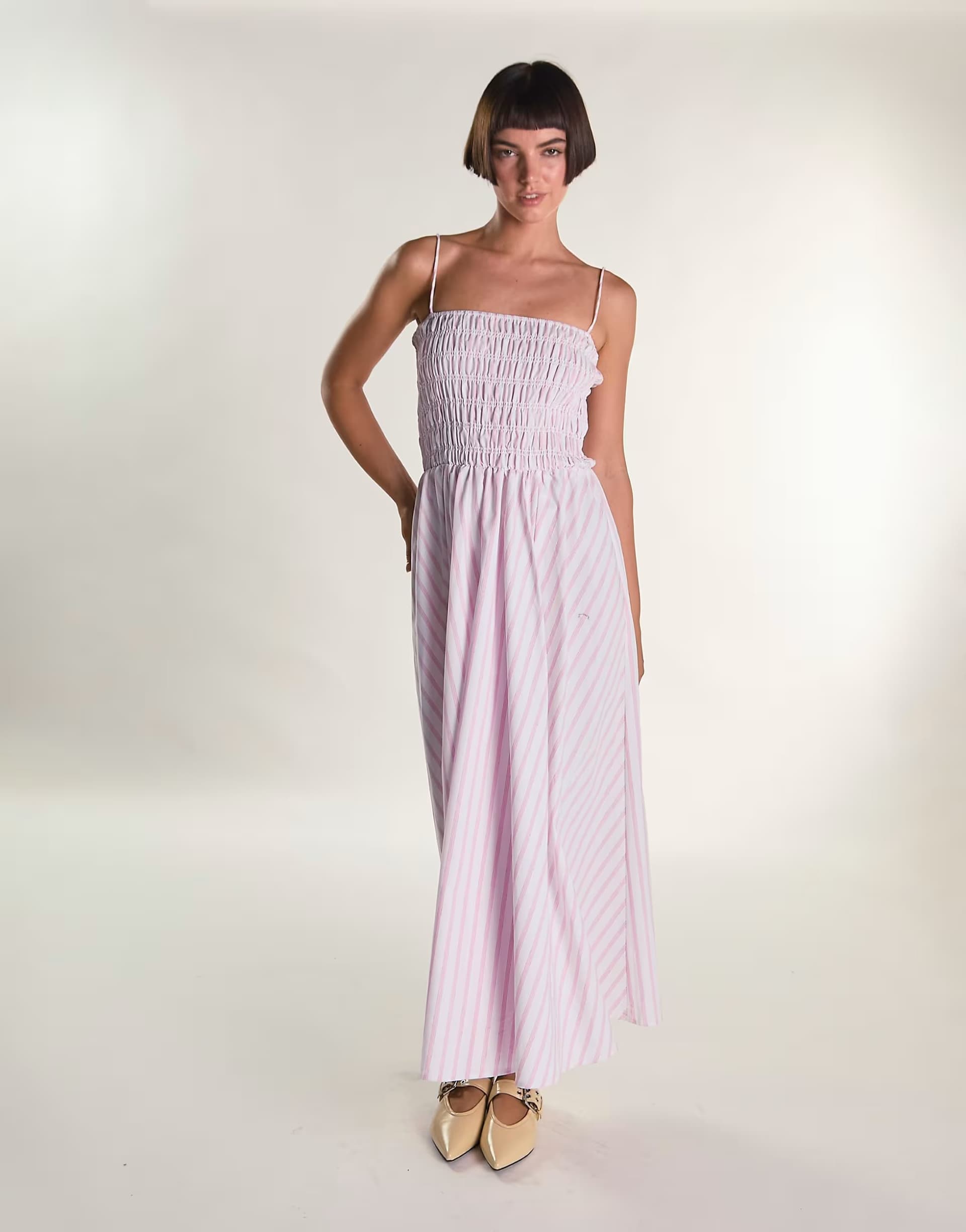 ASOS Glamorous Strappy shirring maxi dress in white pink stripe