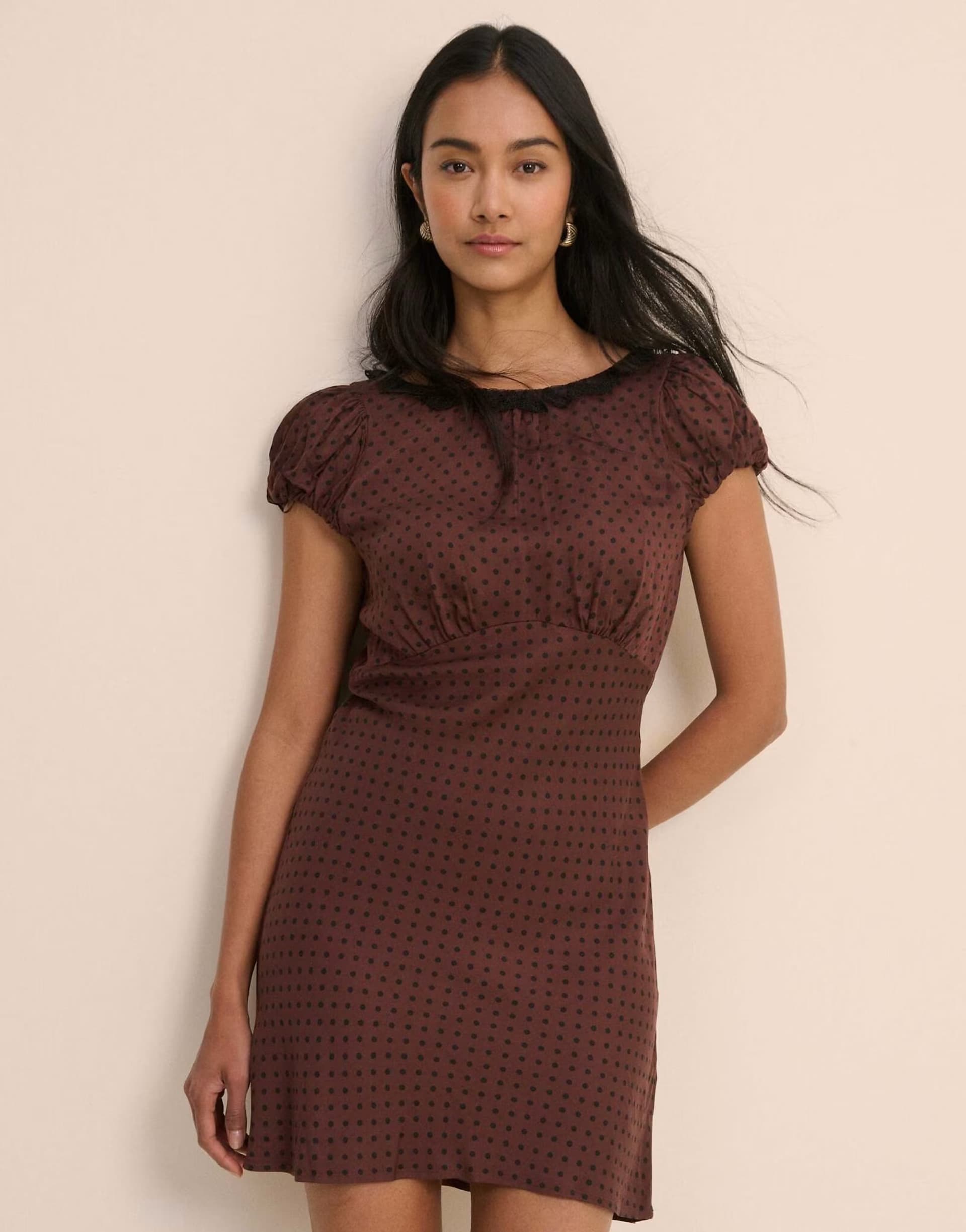 ASOS Nobody's Child Polka dot puff sleeve marianna midi dress in brown