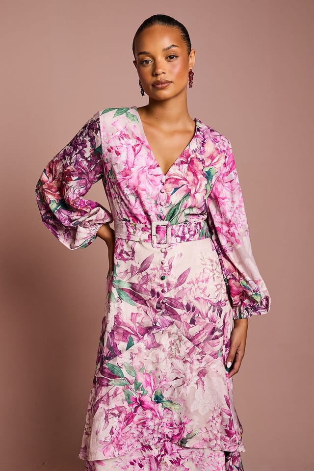 Coast Coast Women's Petite Long Sleeve Chiffon Midaxi Dress With Belt in Pink - 2