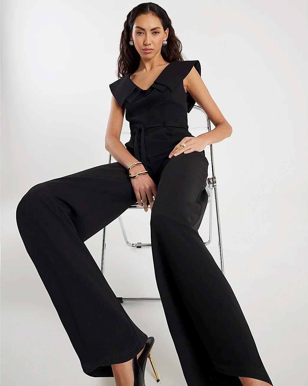 River Island River Island Womens Black Double Collar Belted Jumpsuit