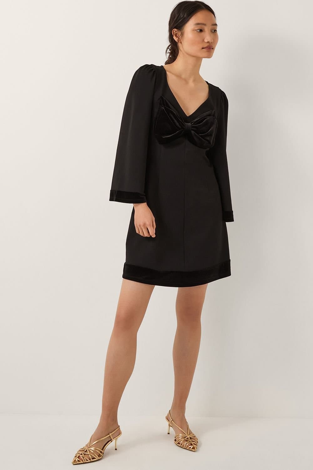 Monsoon Monsoon Women's Blair Velvet Bow Long Sleeve Mini Dress Black