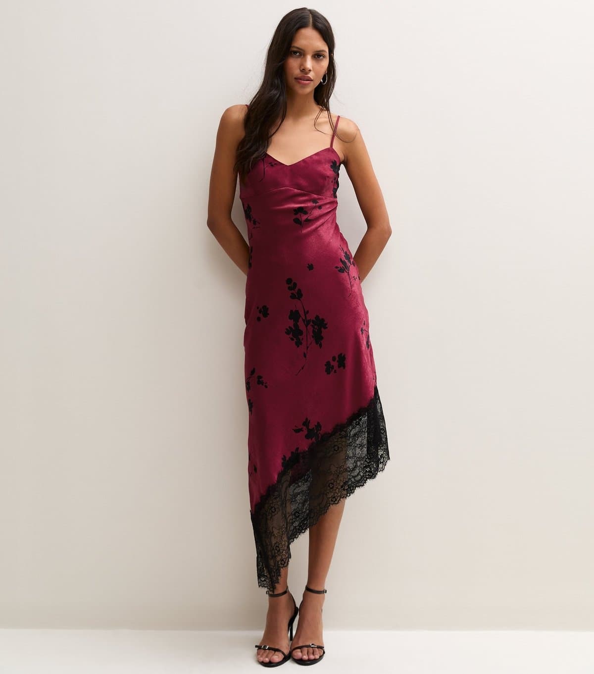 New Look Women's Red Satin Lace Asymmetric Hem Midi Dress New Look