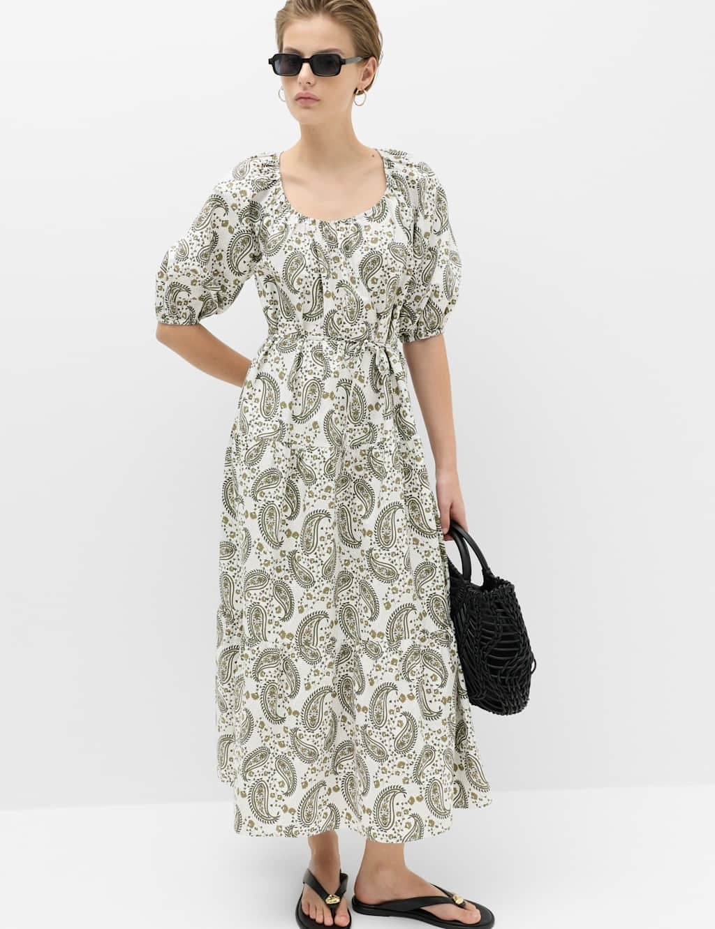 Marks & Spencer M&S Pure Cotton Paisley Midi Waisted Dress Ivory Mix