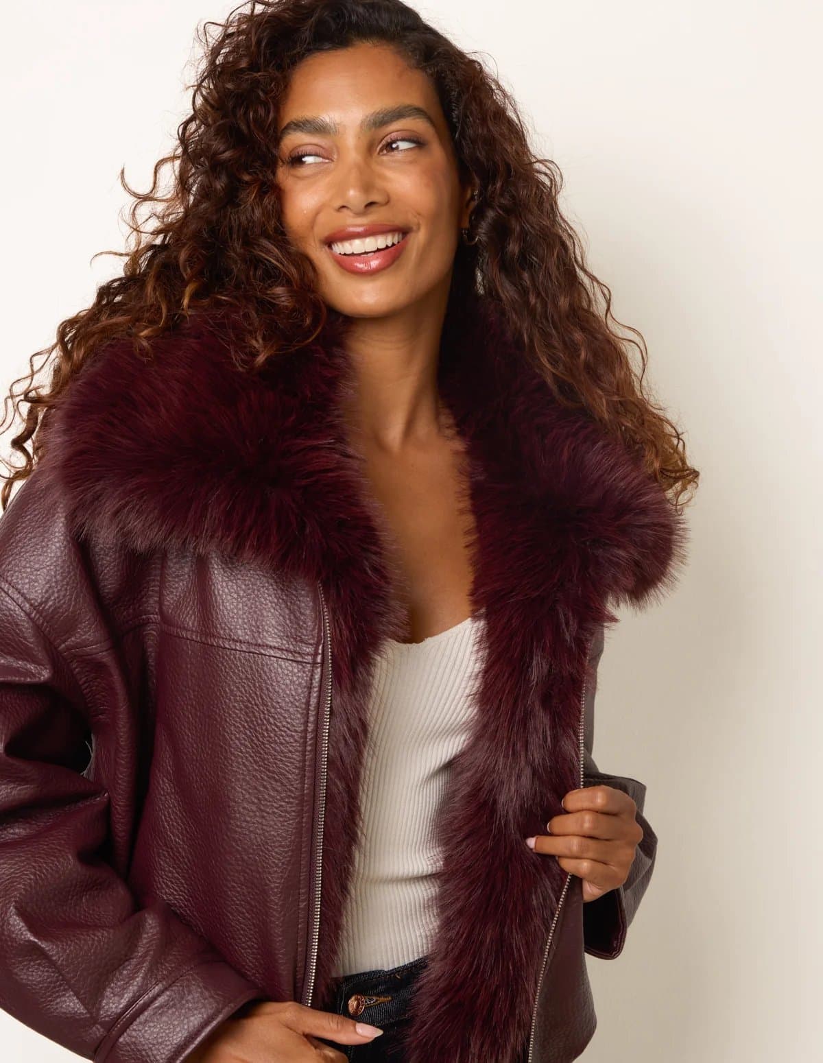Blue Vanilla PU Faux Fur Trimmed Jacket