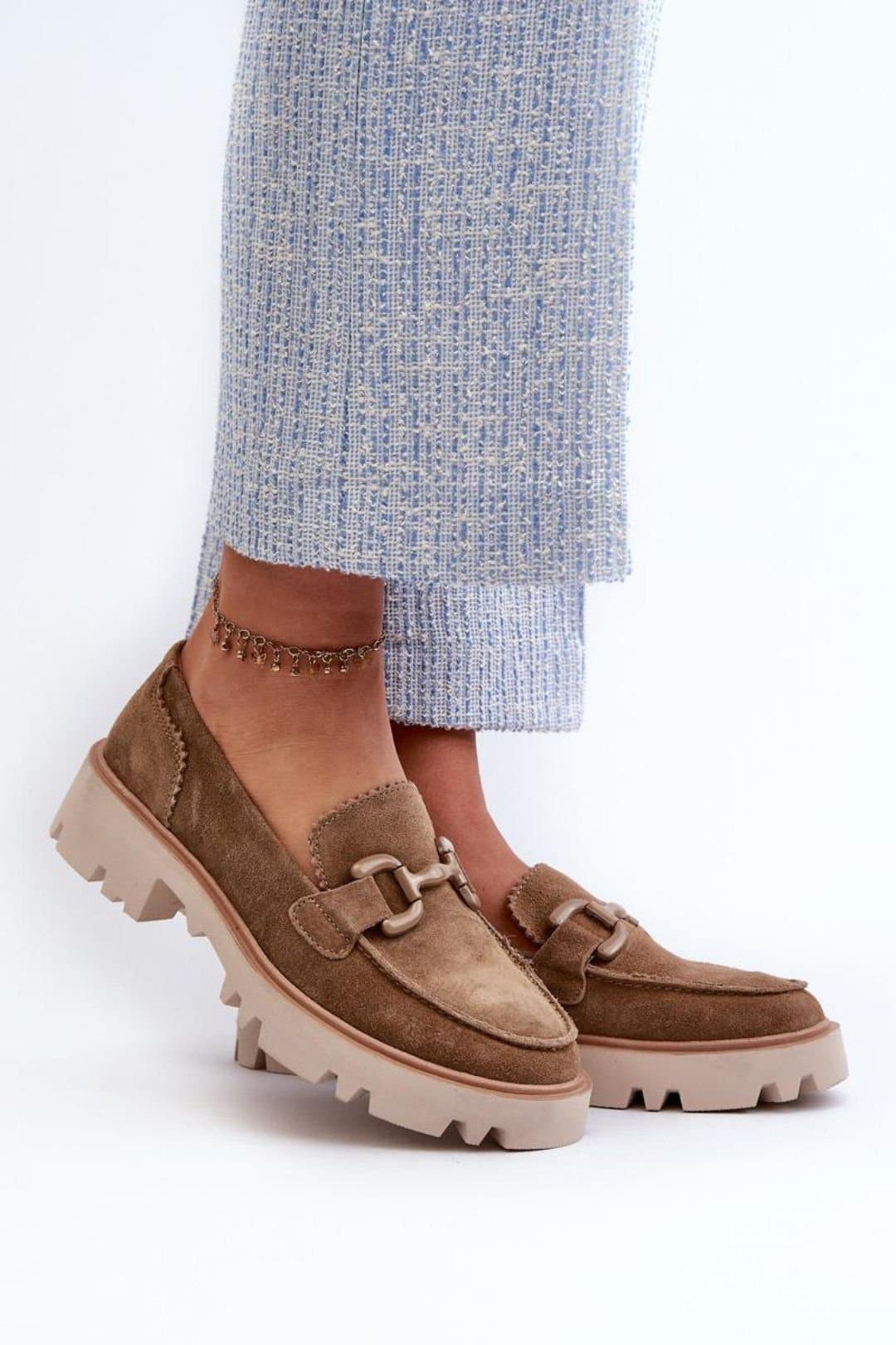 Love Lace Love Lace Women's Natural Suede Slip On Loafers with Decorative Front Flat Heel in Brown