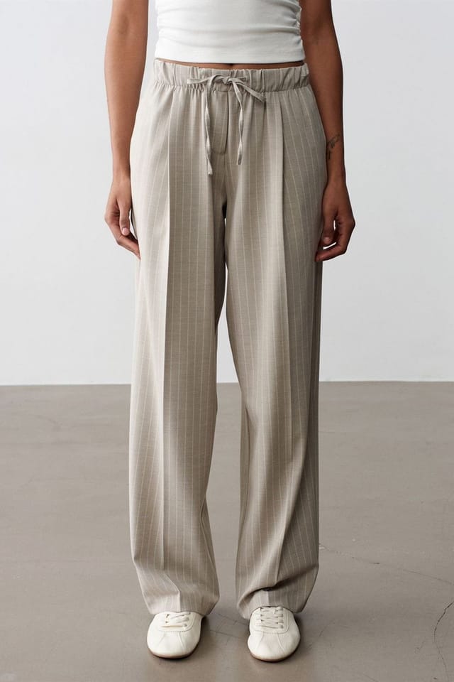 Dilvin Dilvin Women's Striped Wide-leg Palazzo Trousers in Stone - 3