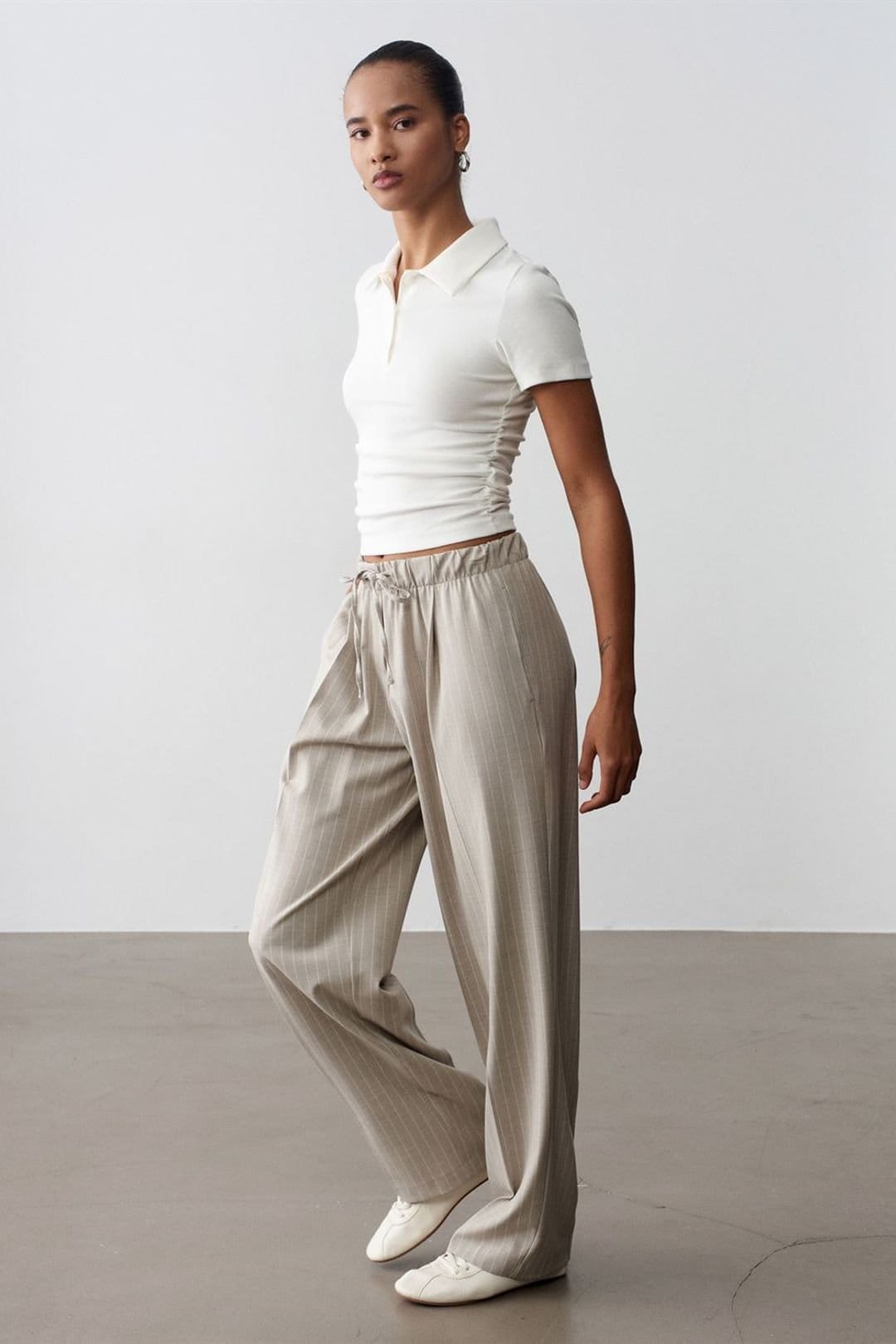 Dilvin Dilvin Women's Striped Wide-leg Palazzo Trousers in Stone - 4