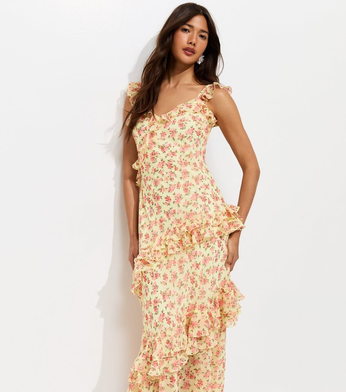 New Look Women's Yellow Chiffon Floral Ruffled Maxi Dress New Look
