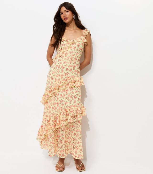 New Look Women's Yellow Chiffon Floral Ruffled Maxi Dress New Look - 3