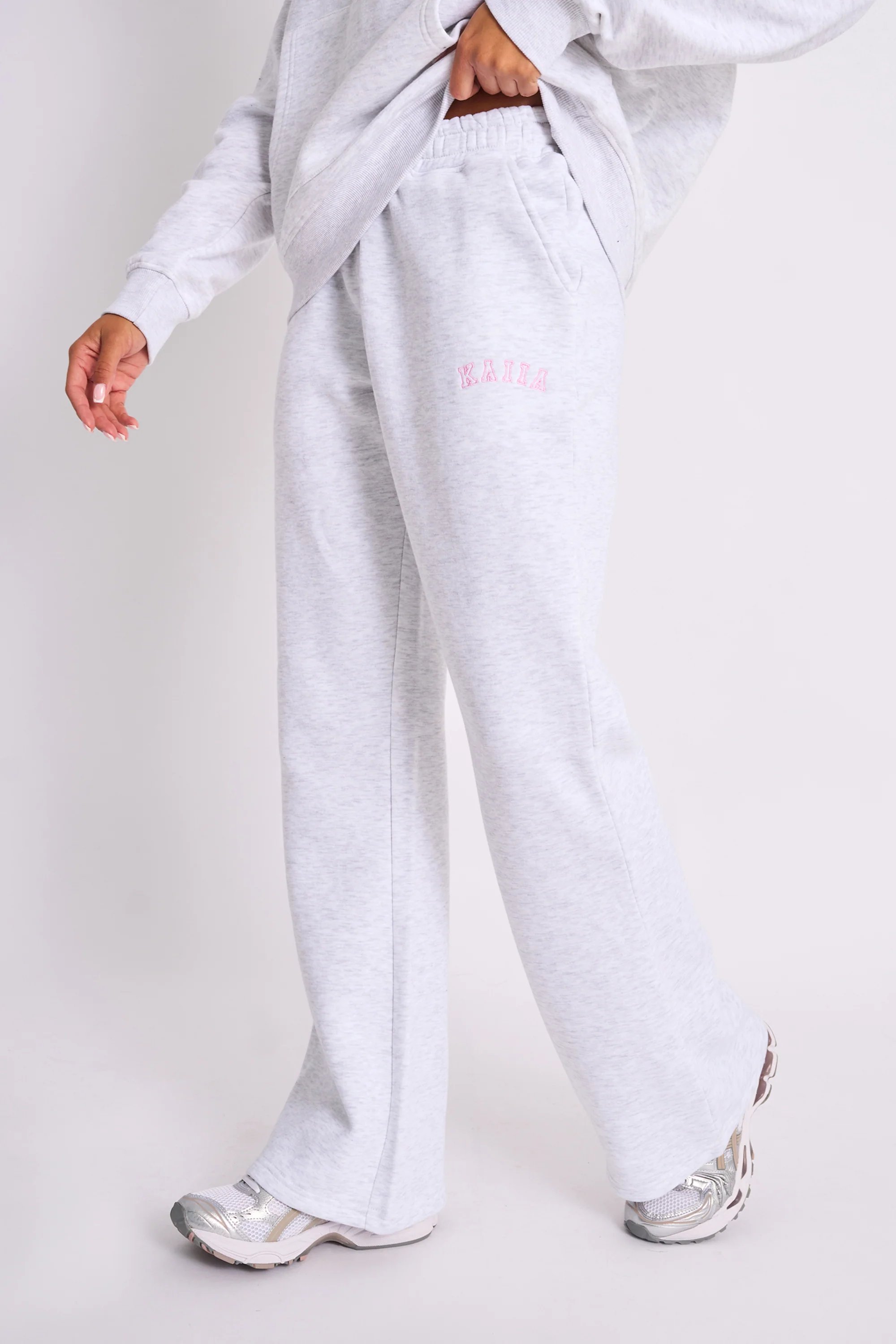 Kaiia Kaiia Logo Wide Leg Joggers Light Grey Marl & Baby Pink - 2
