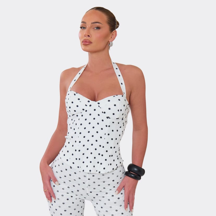 EGO Halter Neck Corset Cup Detail Top In White Polka Dot, Women's Size UK 4 - 1