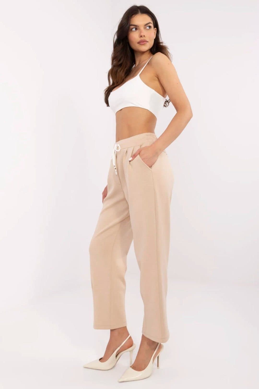 Love Lace Love Lace Women's High Waist Tie Sweatpants Trousers in Beige