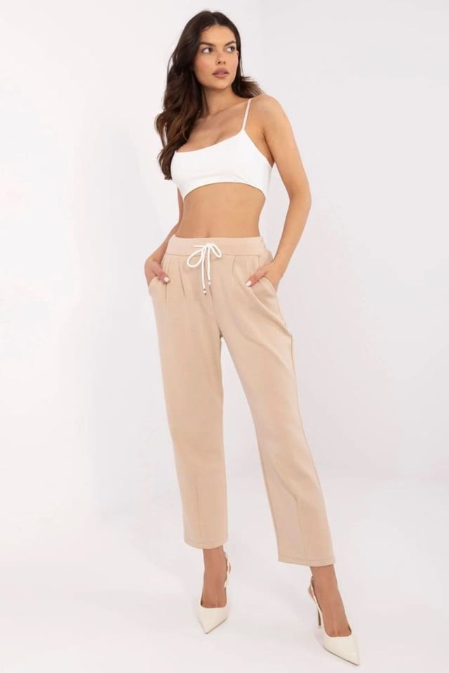 Love Lace Love Lace Women's High Waist Tie Sweatpants Trousers in Beige - 3