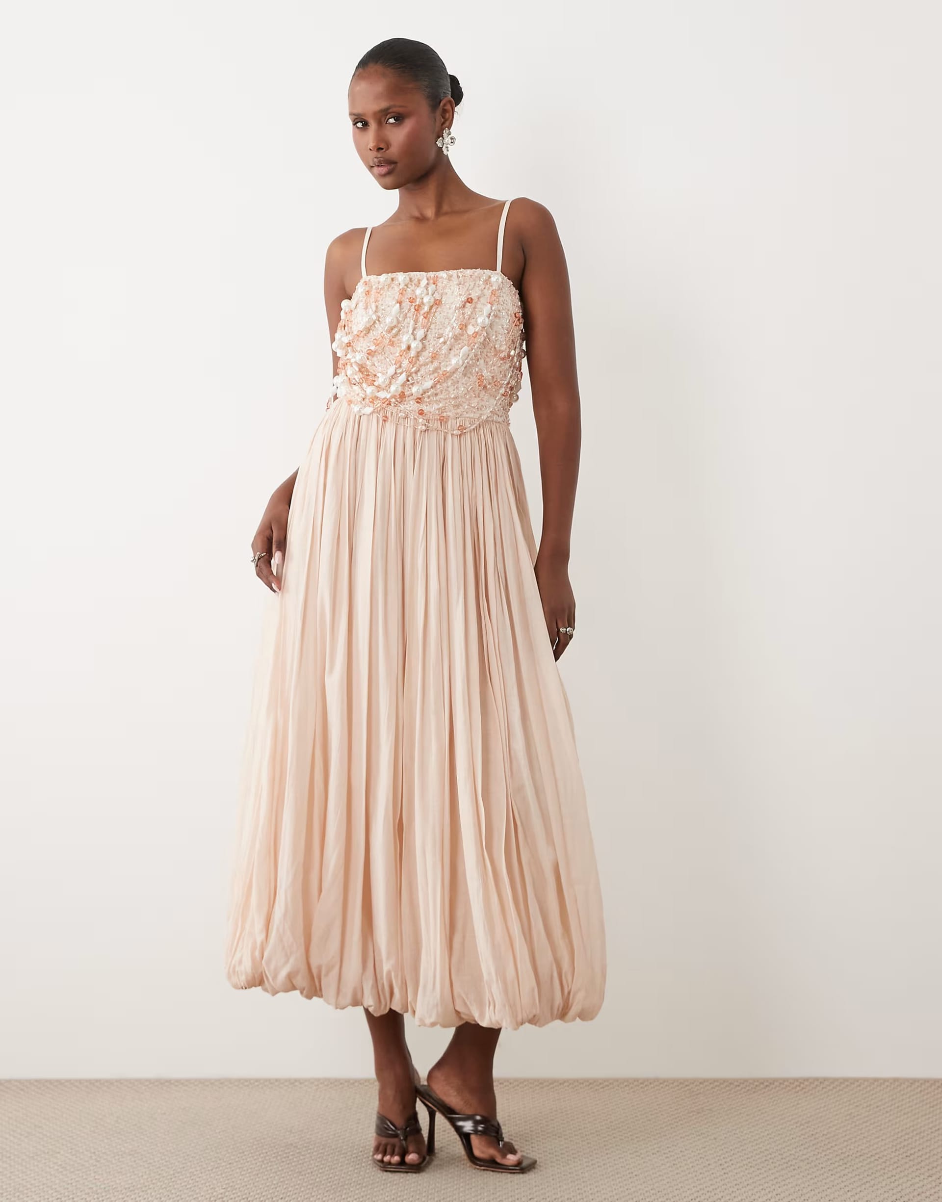 ASOS Embellished Bodice Midi Dress With Bubble Skirt In Soft Pink