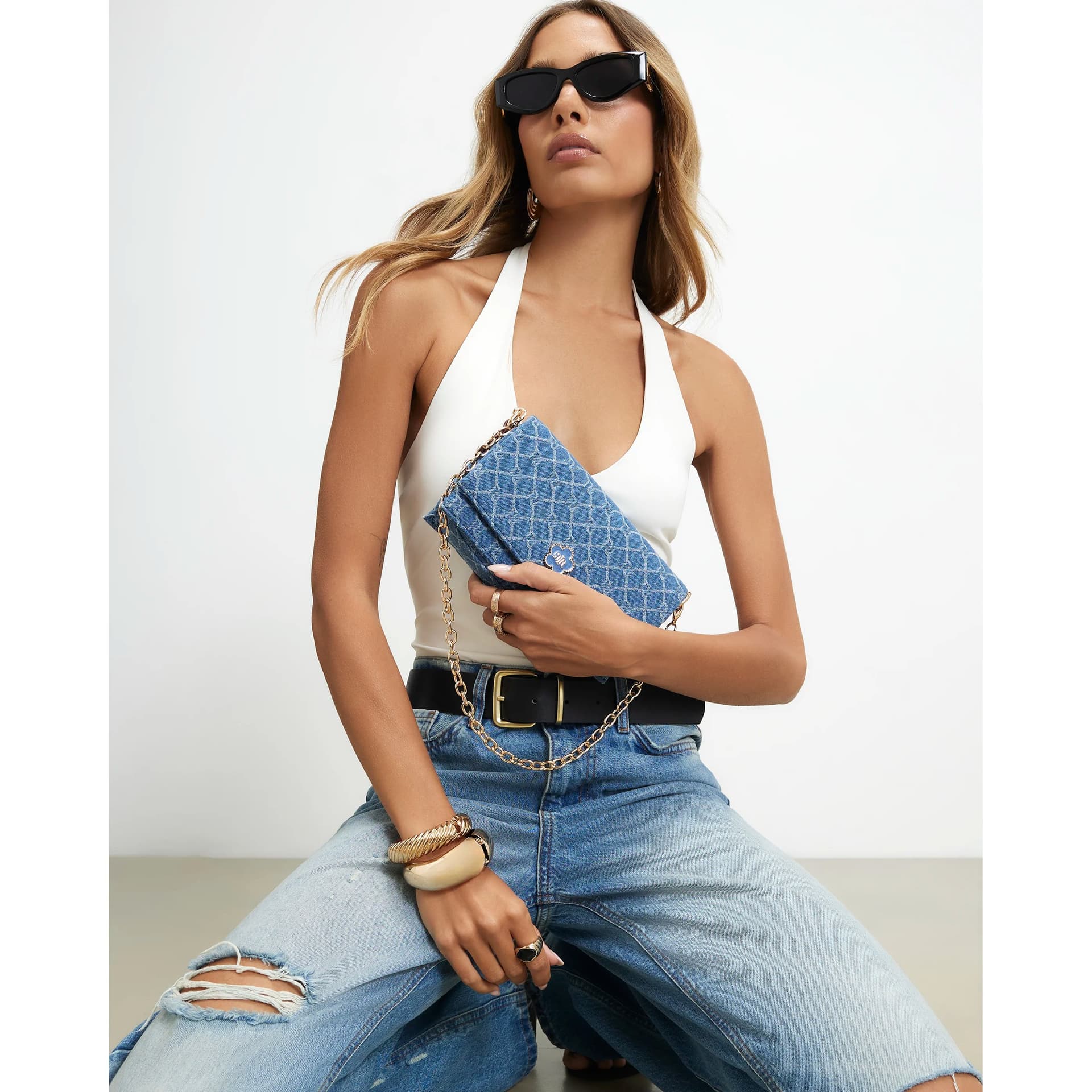 River Island River Island Womens Blue Monogram Denim Flap Over Crossbody Bag