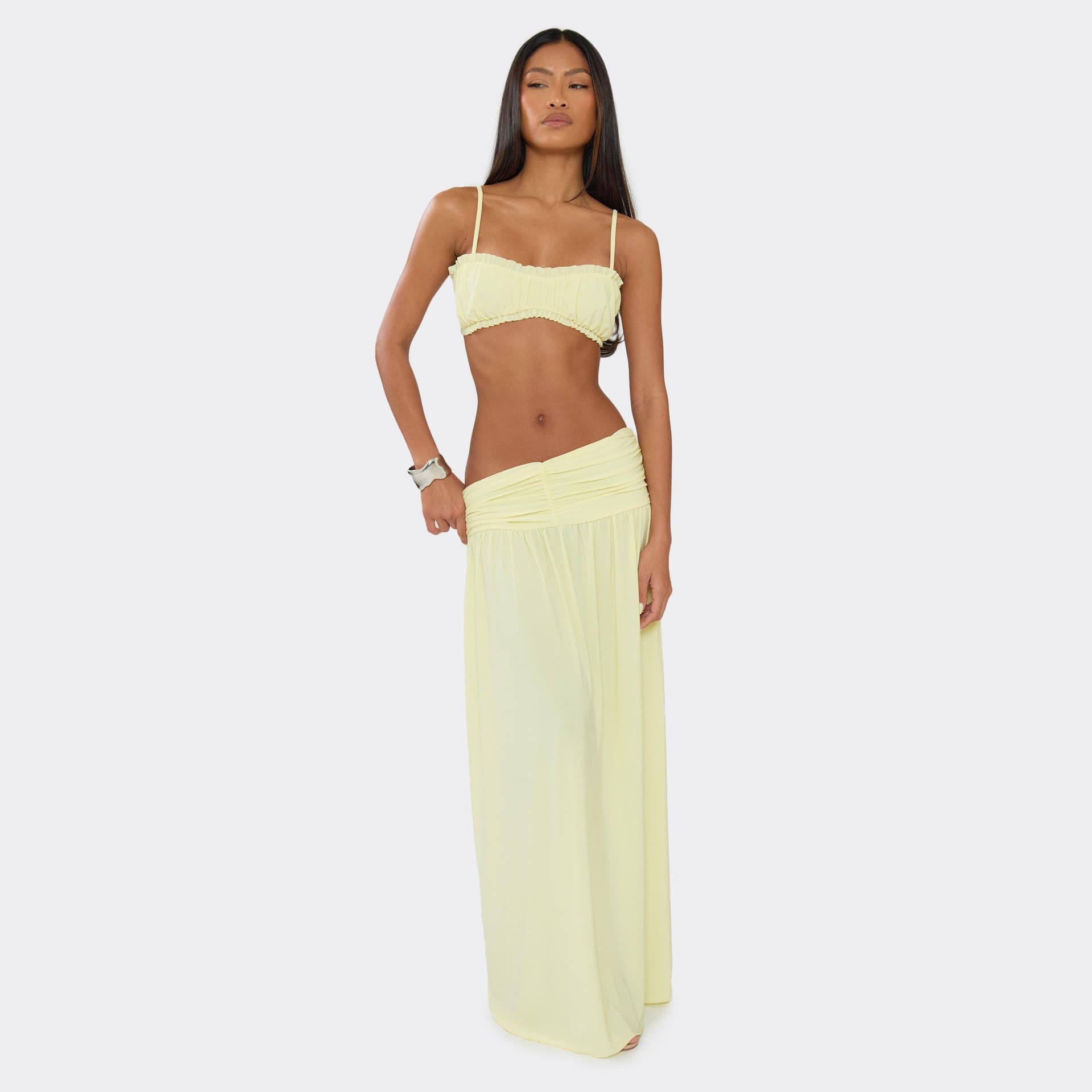 EGO Mid Waist Ruched Waistband Maxi Skirt In Lemon, Women's Size UK 12
