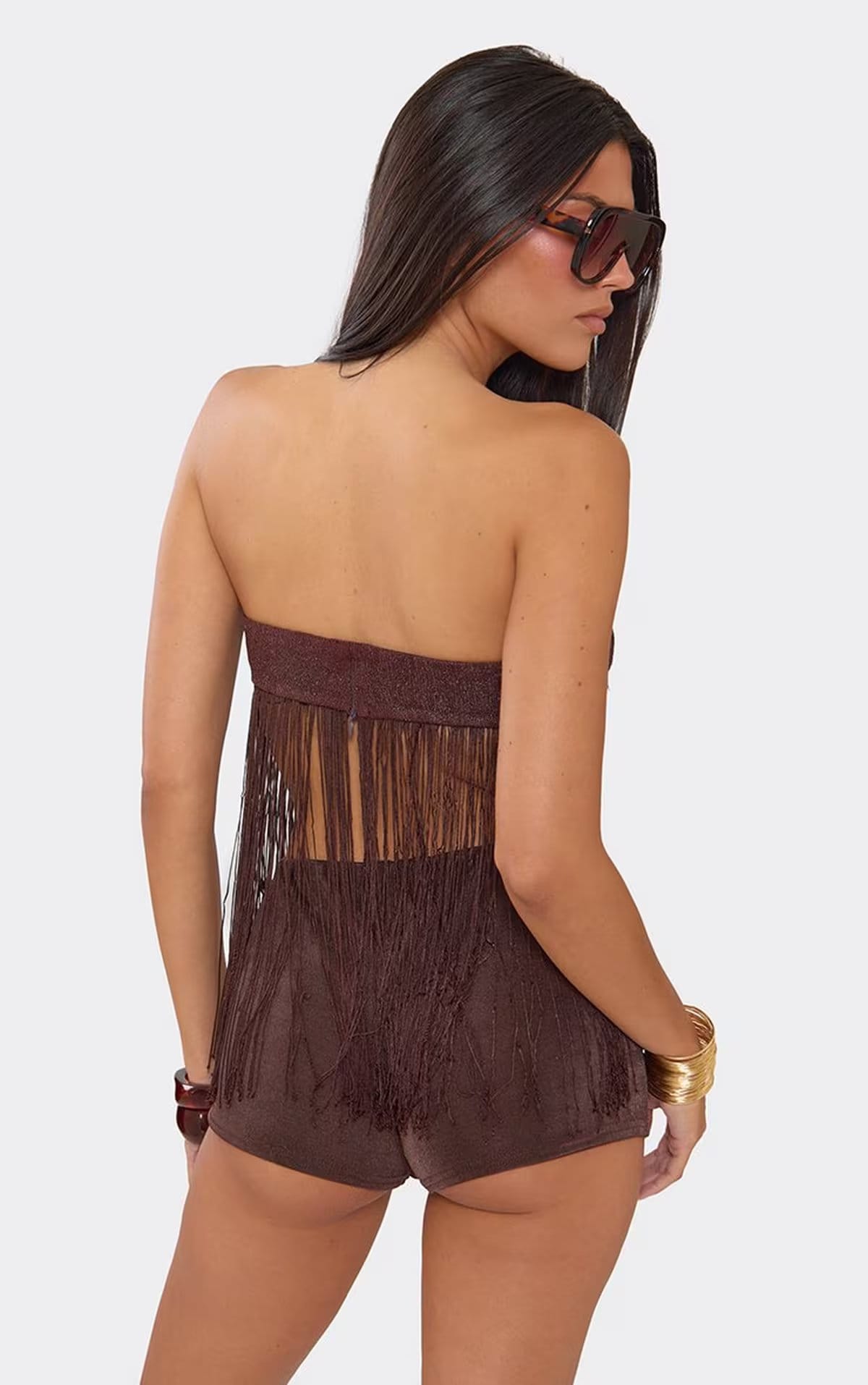 EGO Bandeau Tassel Trim Cut Out Top In Chocolate Brown, Women's Size UK 6 - 1