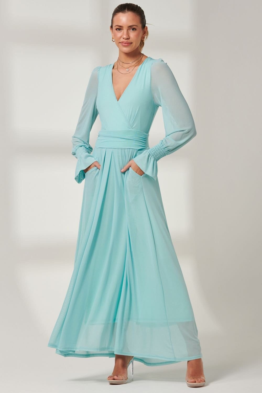 Jolie Moi Jolie Moi Women's Greta Long Sleeve Mesh Maxi Dress in Light Green - 4