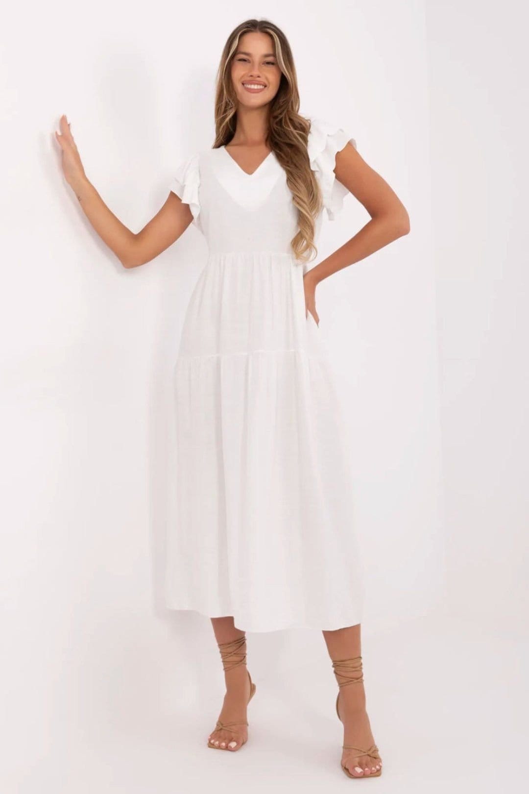 Love Lace White Viscose/Nylon V-Neck Flared Midi Summer Dress