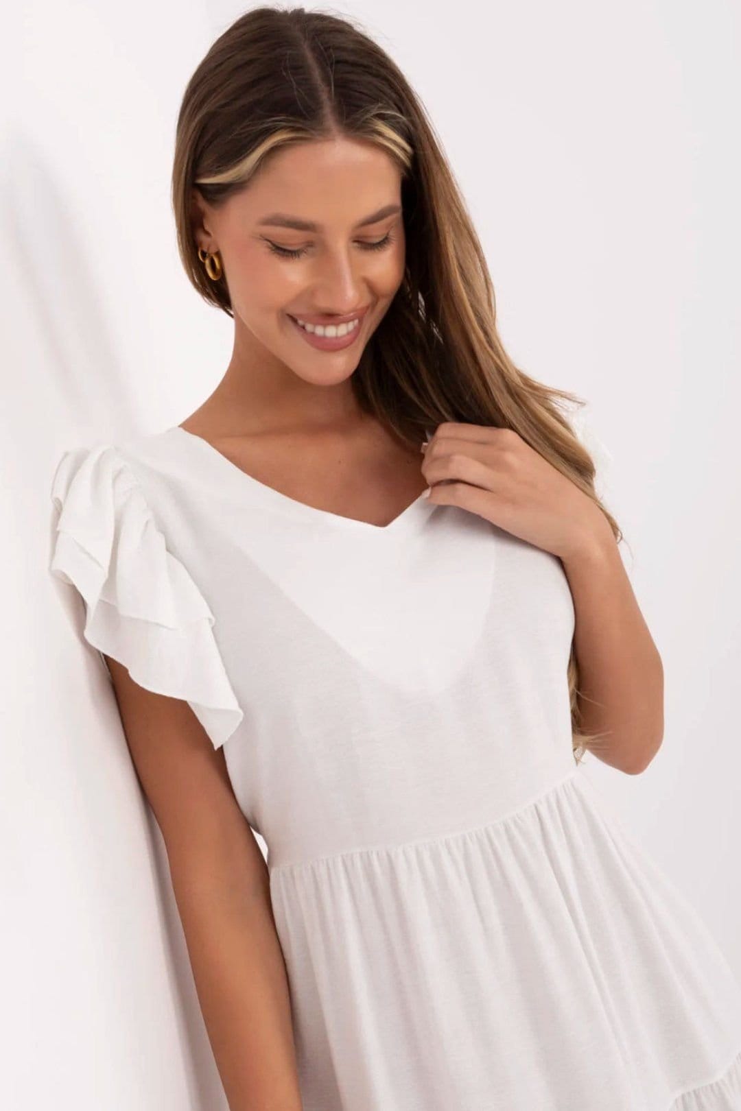 Love Lace Love Lace Women's Feminine V Neck Flared Midi Summer Dress in White - 4