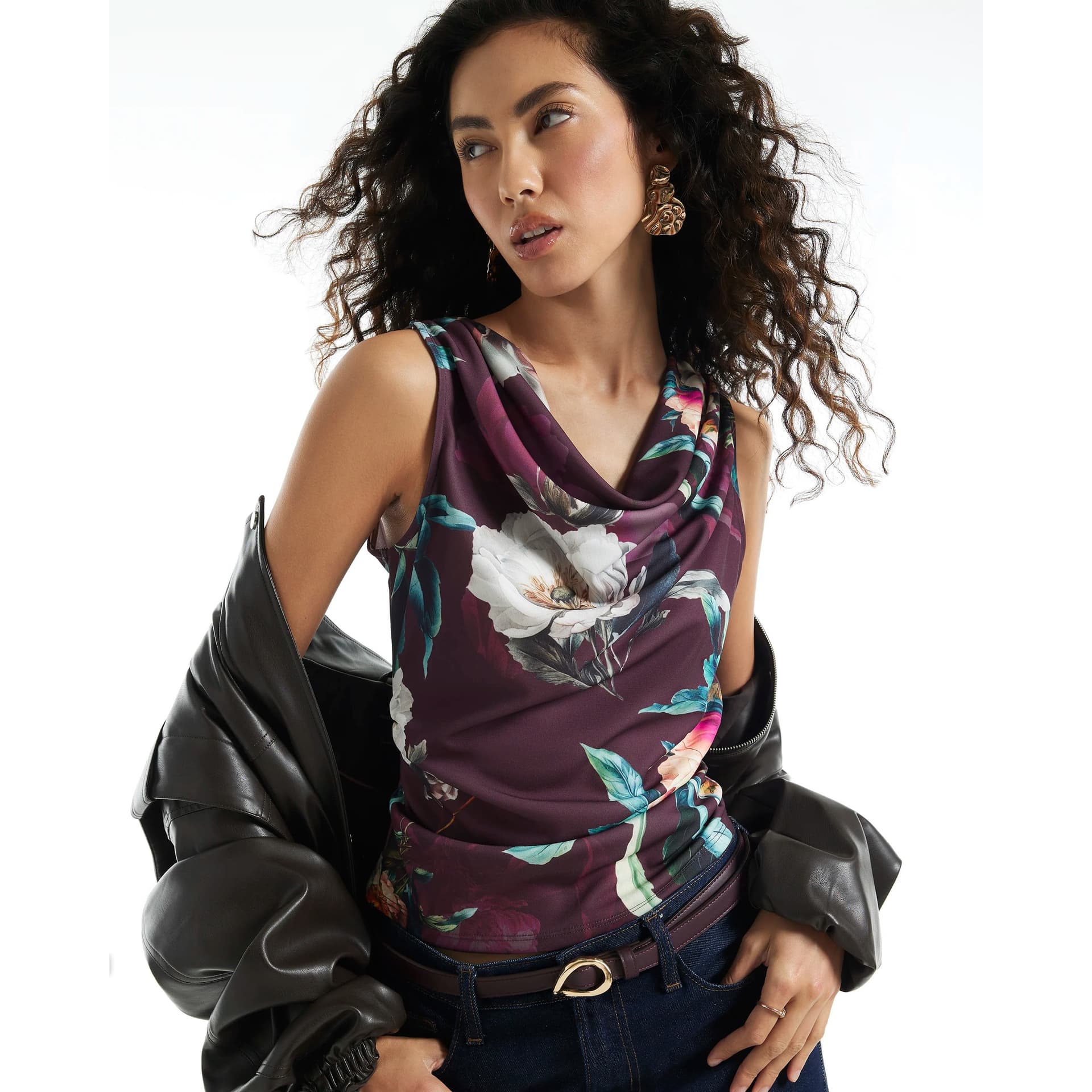 River Island River Island Womens Purple Mesh Floral Ruched Sleeveless Top