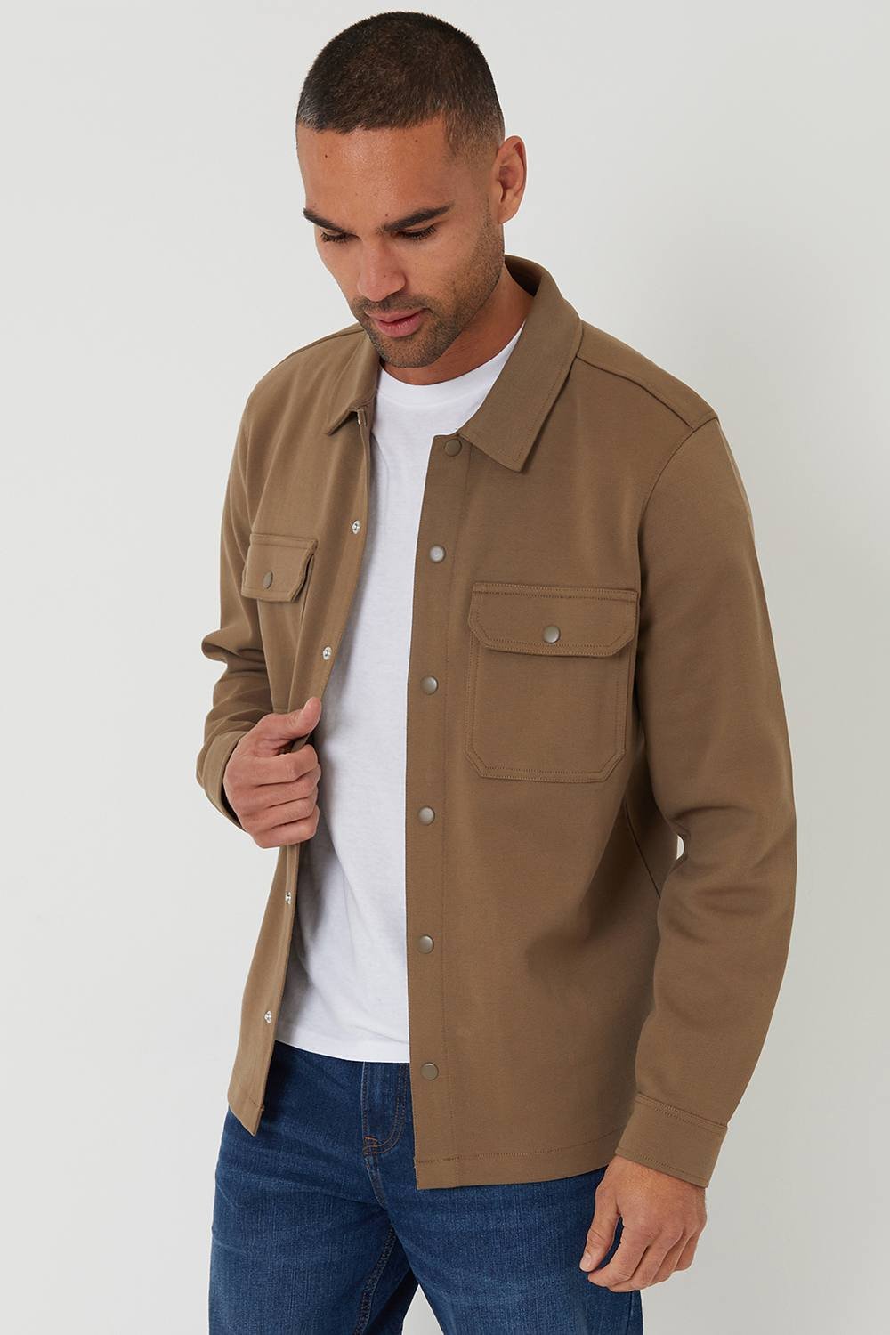 Threadbare Threadbare Men's Cotton Blend Popper Fastening Pique Shacket in Taupe - 2
