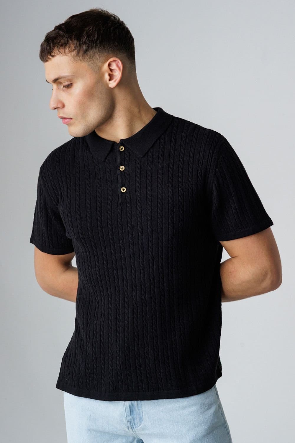Influence Influence Men's Cable Knit Short Sleeve Knit Polo Shirt in Black