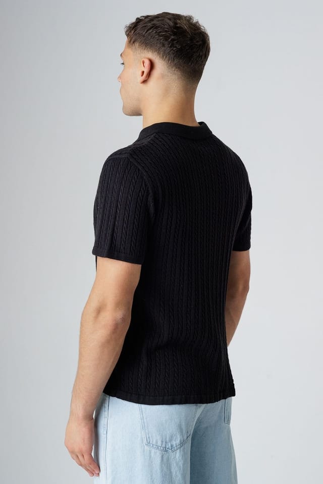 Influence Influence Men's Cable Knit Short Sleeve Knit Polo Shirt in Black - 2