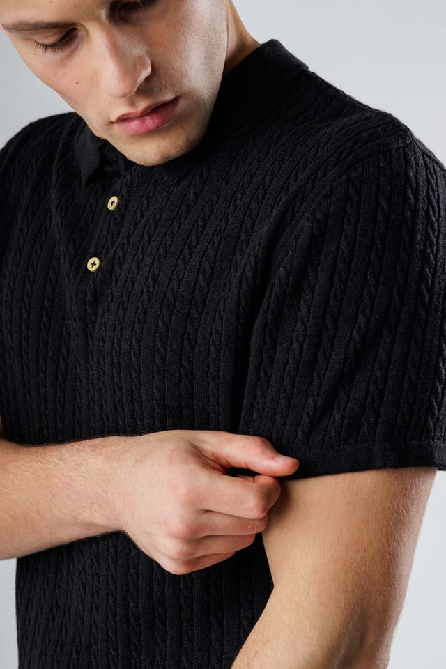 Influence Influence Men's Cable Knit Short Sleeve Knit Polo Shirt in Black - 3