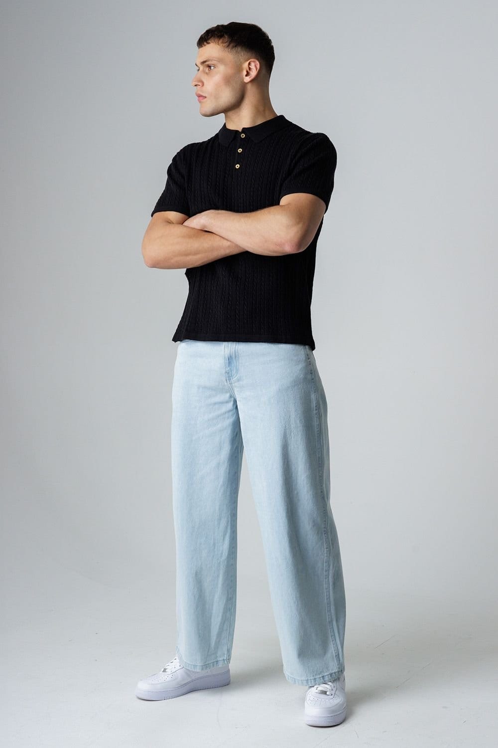 Influence Influence Men's Cable Knit Short Sleeve Knit Polo Shirt in Black - 4