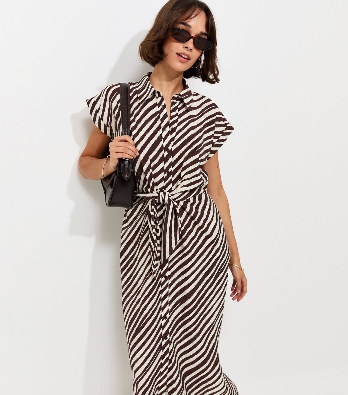 New Look Women's Brown Striped Tie Short Sleeve Midi Shirt Dress New Look