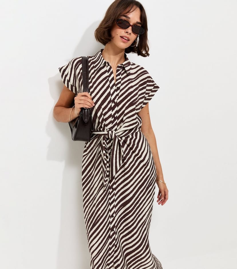 New Look Women's Brown Striped Tie Short Sleeve Midi Shirt Dress New Look - 1