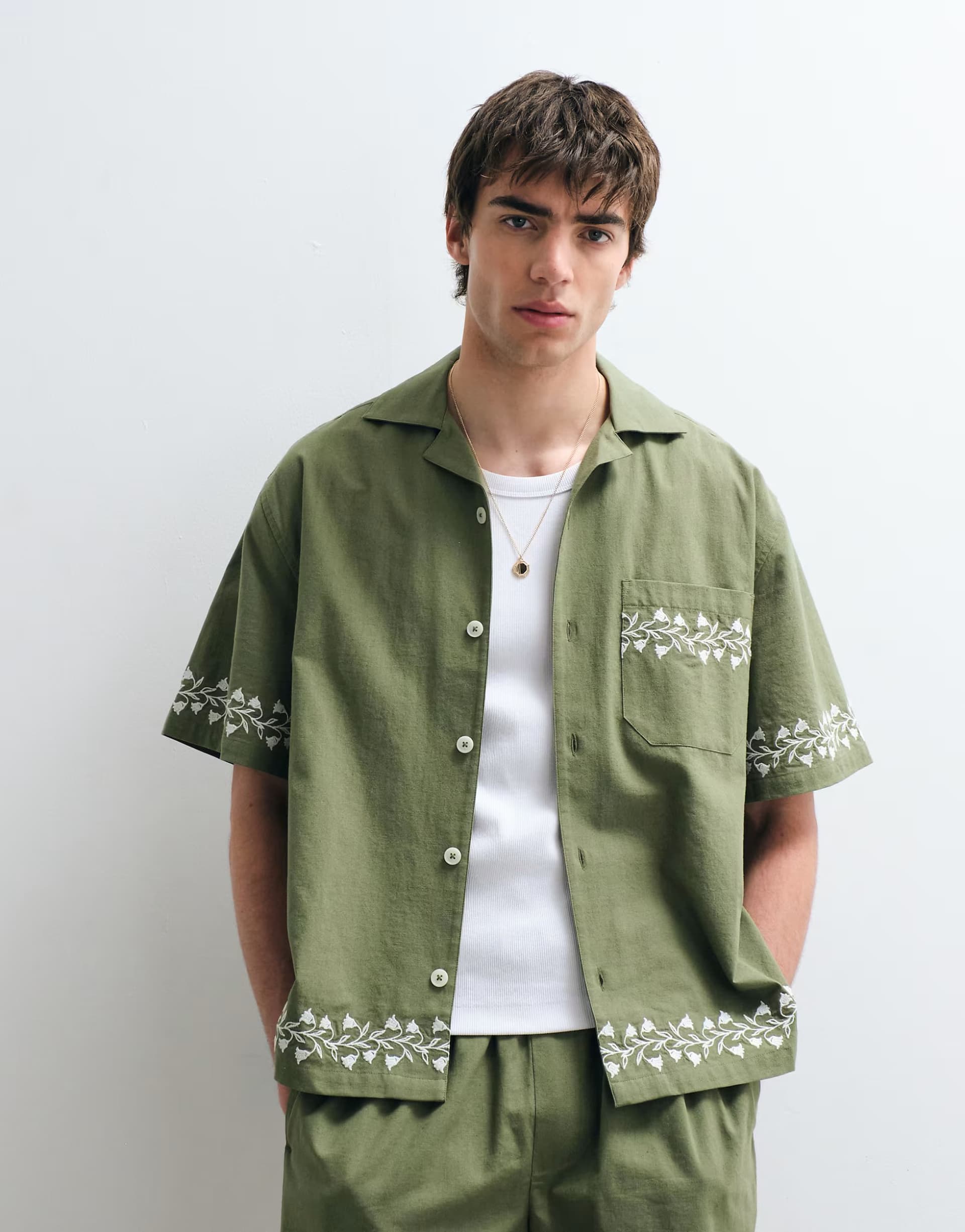 ASOS ASOS COLLECTIVE co-ord relaxed cotton embroidered shirt with linen in khaki