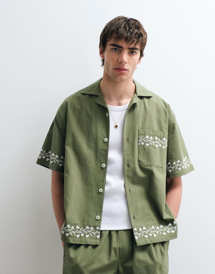 ASOS ASOS COLLECTIVE co-ord relaxed cotton embroidered shirt with linen in khaki - 1