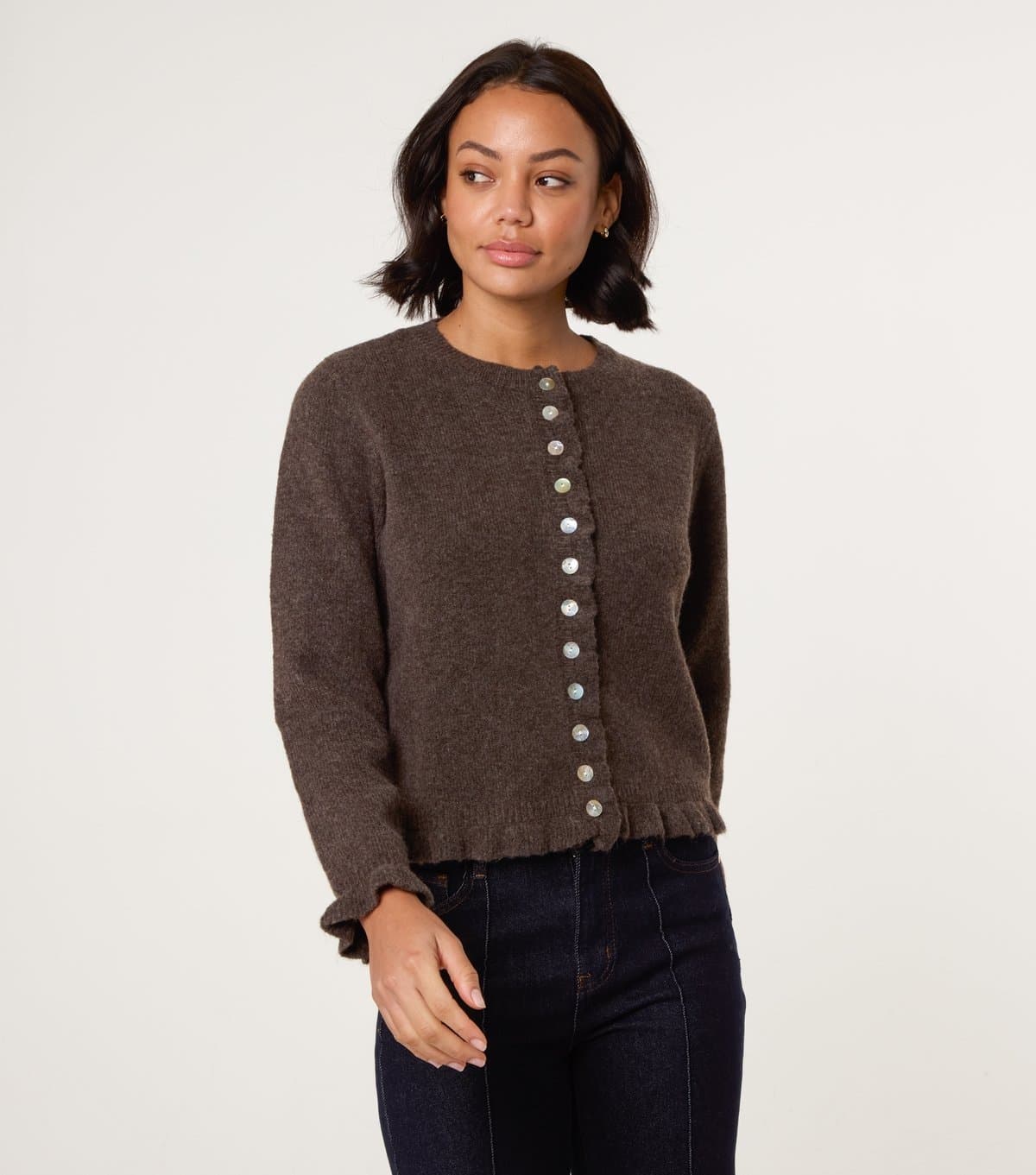 Blue Vanilla Women's Brown Ruffle Trim Cardigan Blue Vanilla New Look