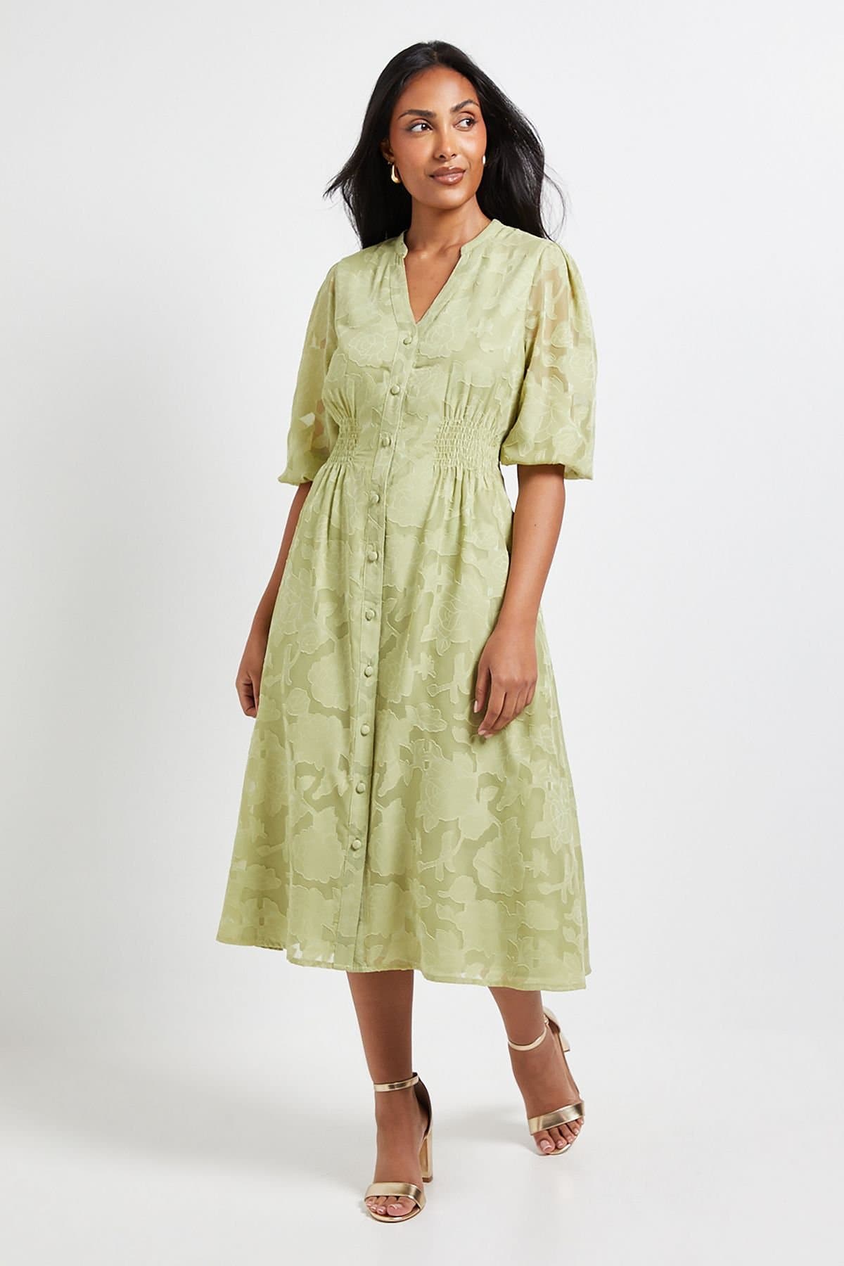 Wallis Wallis Women's Petite Floral Jacquard Button Midi Dress in Sage