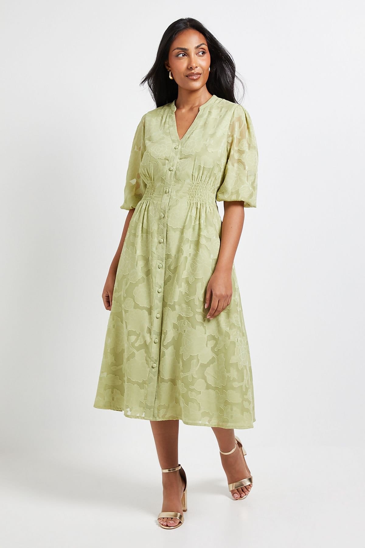 Wallis Women's Petite Floral Jacquard Button Midi Dress in Sage