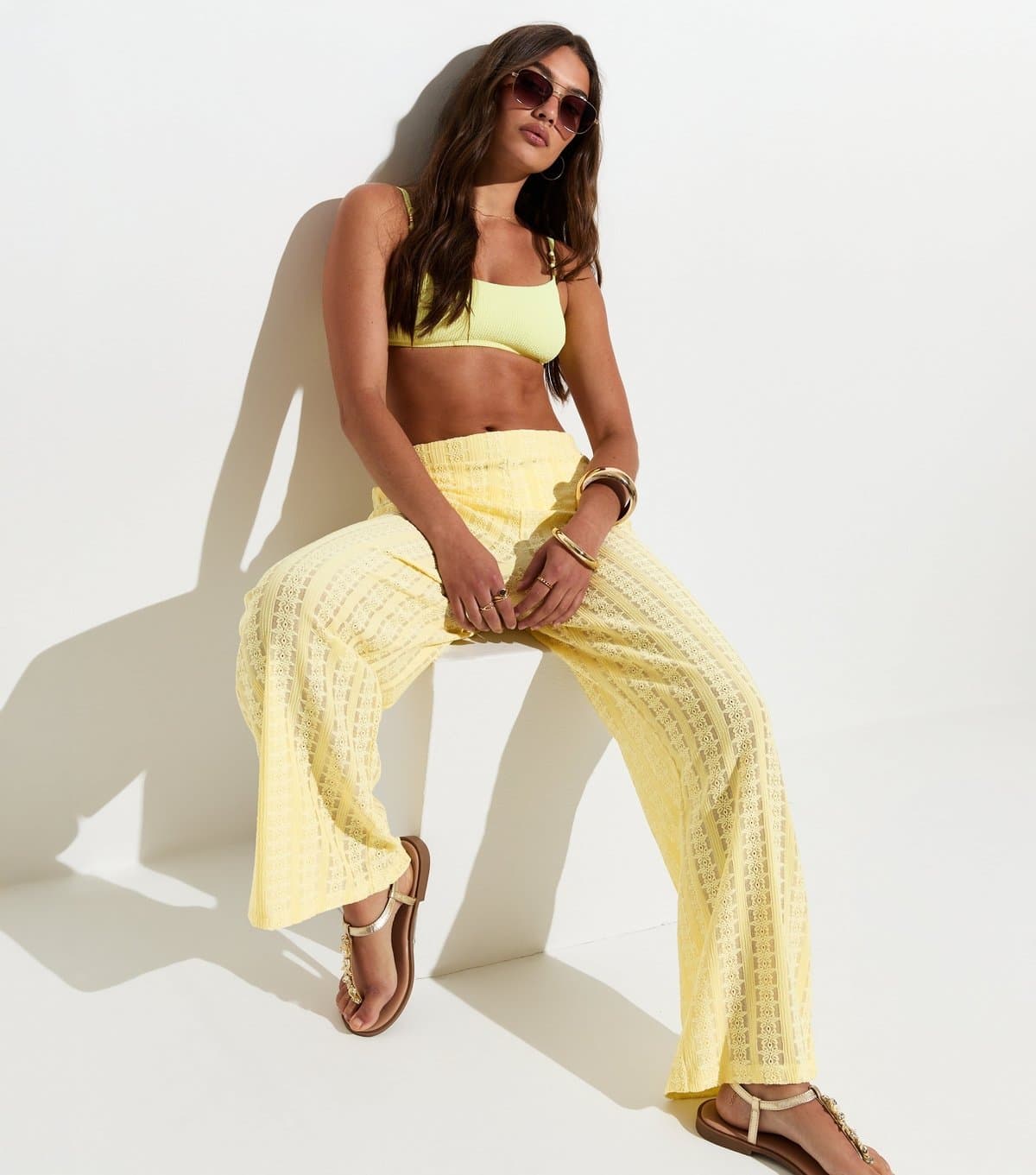 New Look New Look Yellow Lace Beach Wide Leg Trousers
