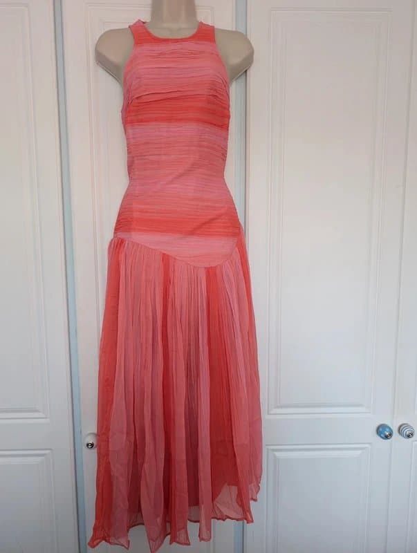 ASOS ASOS Design shirred bodice midi dress in pink and red stripe size 10
