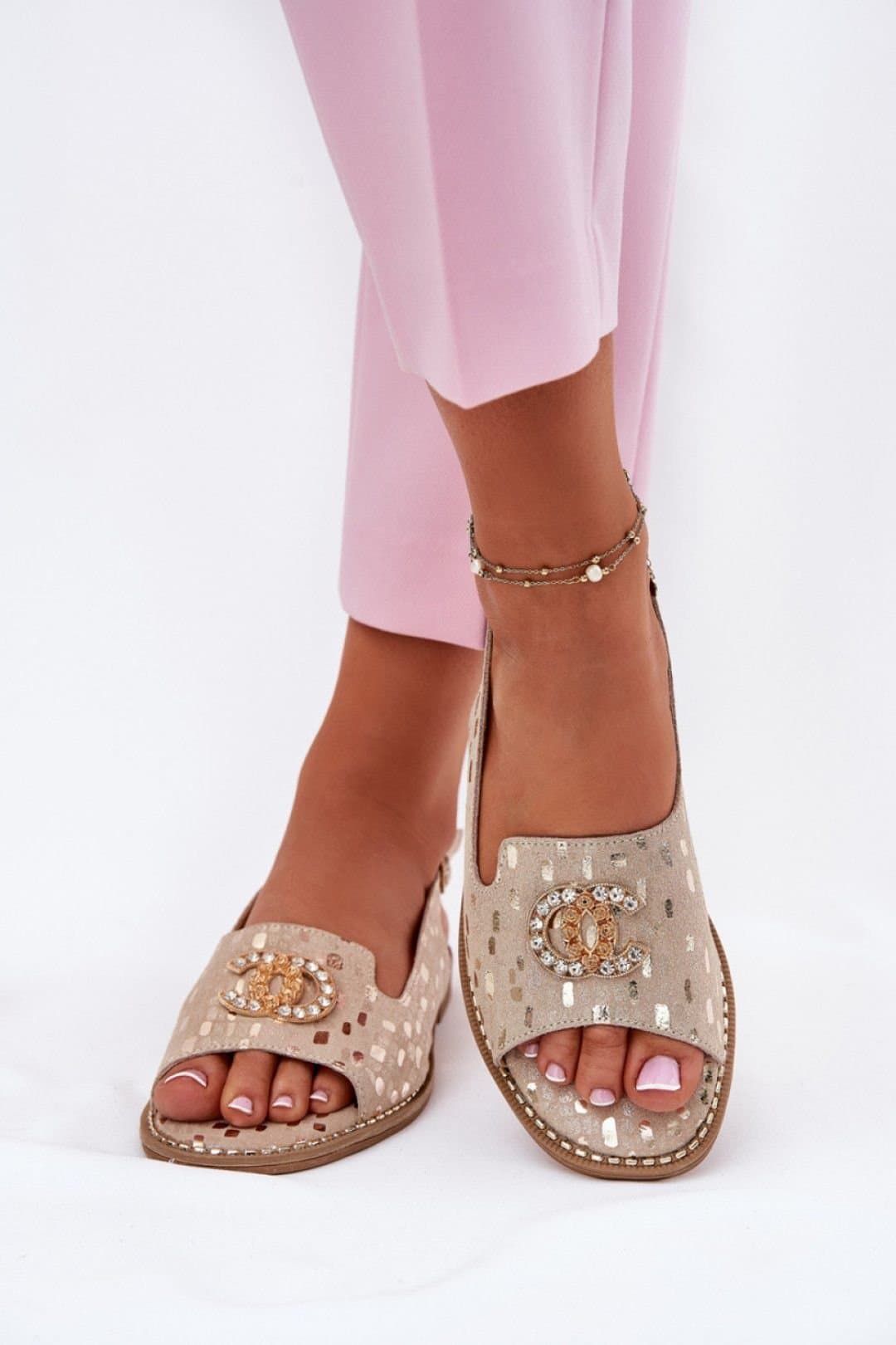 Love Lace Love Lace Beige Suede Flat Sandals with Buckle Closure