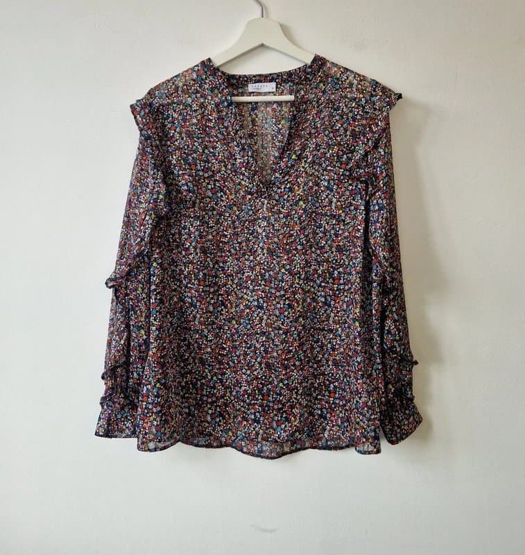 Papaya Ditsy Floral Blouse 10 Cottagecore Long Ruffle Sleeve Top Sheer Chiffon Glittery