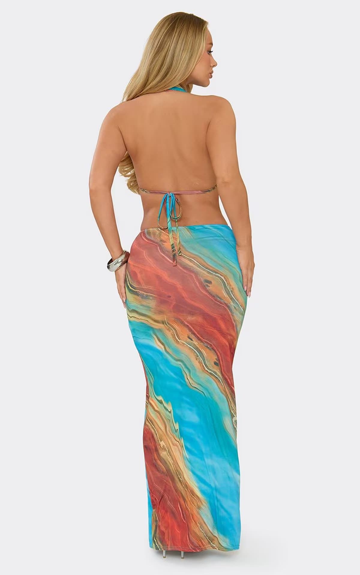EGO Plunge Halterneck Knot Front Maxi Dress In Blue Multi, Women's Size UK 6