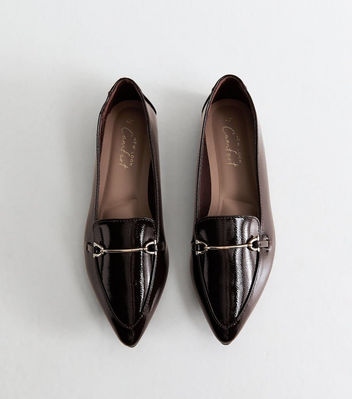New Look Women's Dark Burgundy Patent Faux Leather Pointed Loafers Vegan New Look
