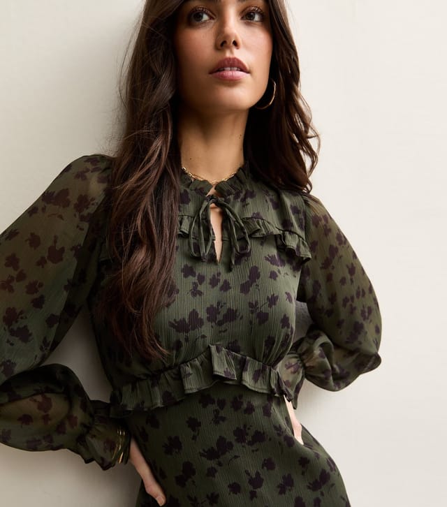 New Look Women's Khaki Floral Long Sleeve Frill High Neck Mini Dress New Look - 2