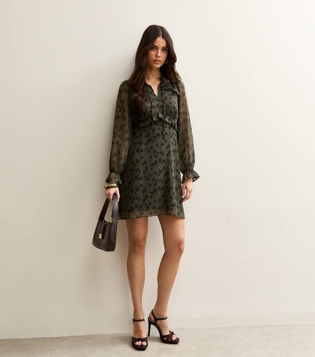 New Look Women's Khaki Floral Long Sleeve Frill High Neck Mini Dress New Look - 3