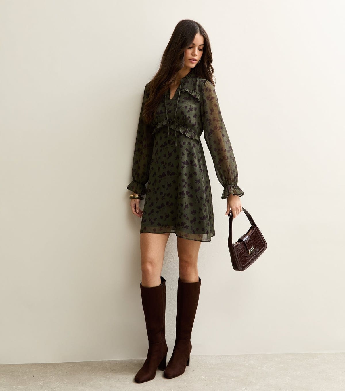 New Look Women's Khaki Floral Long Sleeve Frill High Neck Mini Dress New Look - 4